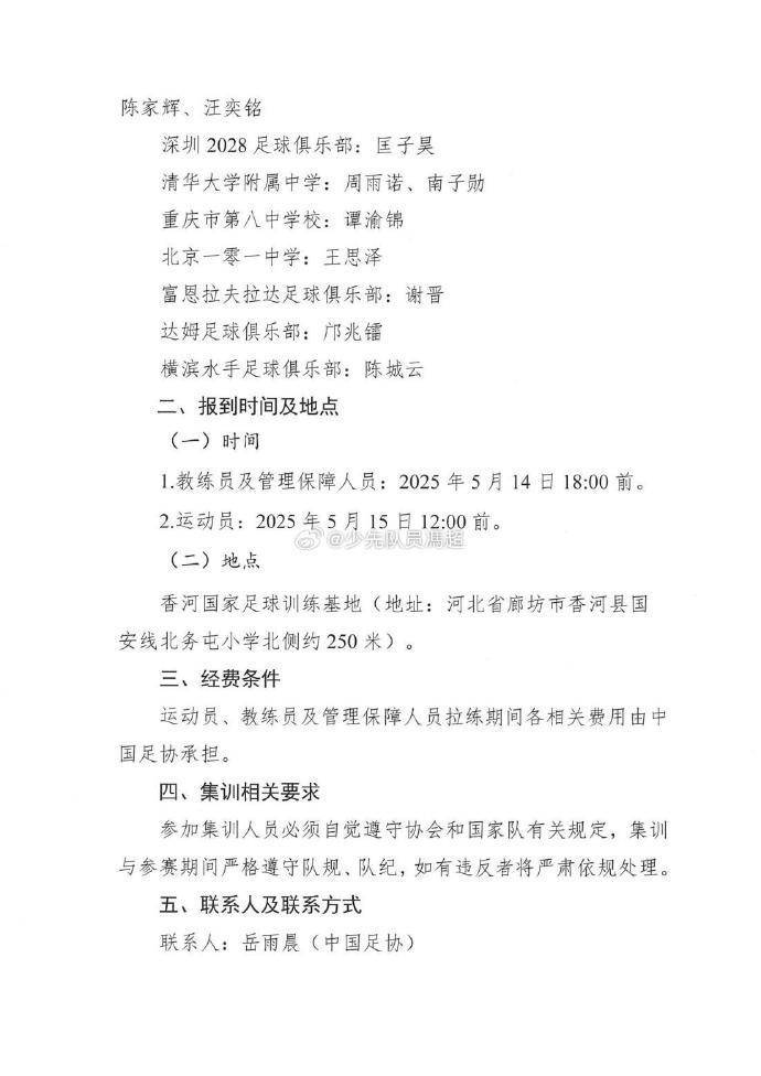 网传U16国足集训名单：邝兆镭、谢晋、万项、卢琦政在列，泰山7人